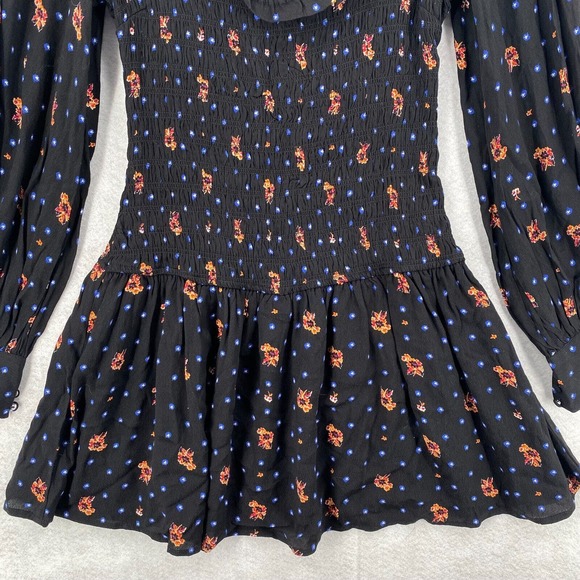 Free People Two Faces Mini Dress Womens XS Black Smocked Waist Balloon Sleeve - Picture 5 of 16